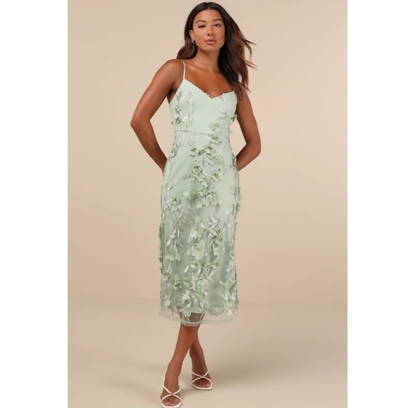 Lulus Dresses & Skirts - Lulus Adoration Sage Green 3D Floral Embroidered Midi Dress Size Small NWT
